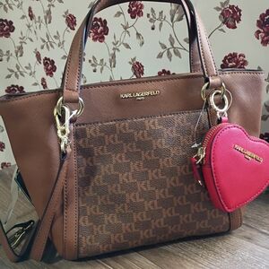 Karl Lagerfeld Brown Tote with Red Heart Charm